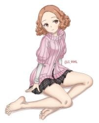 5_toes absurdres breasts brown_hair feet female greek_toe haru_okumura highres medium_breasts persona persona_5 sitting skirt soles solo toes tsukimaru_(ls_99ml) white_background