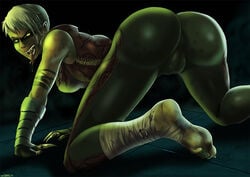 1girls all_fours ass ass_up batman:_arkham_origins batman_(series) bubble_ass cameltoe copperhead copperhead_(arkham_origins) copperhead_(dc) dat_ass dc dc_comics duplicate female larissa_diaz looking_back shadman snake_tongue solo tight_clothes tight_pants