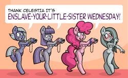 absurd_res anthro bondage bound english_text equid equine female female/female forced friendship_is_magic group group_nudity hasbro hi_res horse incest_(lore) limestone_pie_(mlp) mammal marble_pie_(mlp) maud_pie_(mlp) my_little_pony pinkie_pie_(mlp) pony text toonbat