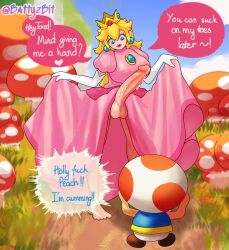 1boy 1futa 1girls artist_signature barefoot battyzbit big_breasts blonde_hair blue_eyes breasts crown cum dress dress_lift female futa_focus futanari gloves heart lipstick looking_down_at_another male mario_(series) mushroom mushroom_humanoid nintendo penis pink_dress pink_text_box precum precum_drip princess_peach super_mario_bros. testicles text text_box toad_(mario) vest