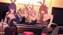 4girls alcohol bunny_ears bunny_girl bunnysuit doki_doki_literature_club koikatsu looking_at_viewer mashirosolera monika_(doki_doki_literature_club) natsuki_(doki_doki_literature_club) sayori_(doki_doki_literature_club) waitress wine wine_bottle wine_glass yuri_(doki_doki_literature_club)