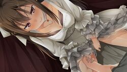 arm_grab blush breasts brown_hair cleavage collarbone curtains dress female game_cg highres human kantoku koi_suru_kanojo_no_bukiyou_na_butai large_breasts legs long_hair looking_down lying male male_hand masturbation red_eyes smile squatting straight thighs togawa_mayuu