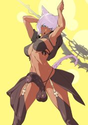 1futa animal_ears big_breasts big_penis black_bra black_panties blue_eyes bra breasts cat_ears cat_tail character_request clothed clothing dark-skinned_futanari dark_skin erection erection_in_panties final_fantasy_xiv full-package_futanari futa_only futanari grin grinning grinning_at_viewer hi_res high_resolution highres humanoid humanoid_penis impossible_clothes kemonomimi legs legwear miqo'te mostly_nude muscular muscular_futanari nude orgasm orgasm_face panties penis short_hair solo staff standing thick_thighs thighs tomoyuki_kotani voluptuous weapon wear wearing_others_clothes white_hair