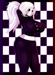 4k blush blush breasts breasts_bigger_than_head five_nights_at_freddy's five_nights_at_freddy's_2 five_nights_in_anime fnaf glowing_eyes gothtrishy hi_res highres huge_breasts long_hair marionette_(fnaf) ponytail puppet_(fnaf) shiny_clothes shiny_skin thick_thighs thighs tight_clothing tight_fit tiled_wall white_eyes white_hair