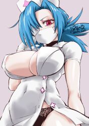 +_+ areola_slip blue_hair breasts cleavage covered_navel eyepatch eyepatch_visible_through_hair female gloves hat lace lace-trimmed_panties lace_trim large_breasts latex latex_gloves mask mouth_mask mtk_hoshi nurse_cap panchira panchira_(standing) panties pink_background ponytail red_eyes skullgirls solo surgical_mask underwear valentine_(skullgirls) viewed_from_below worm's-eye_view