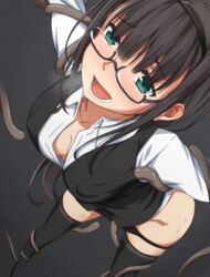 black_hair blue_eyes blush breasts female glasses long_hair nagioka_(sblack) open_mouth original panties panty_pull sblack solo tentacle underwear