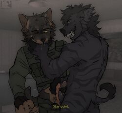 anthro bodily_fluids canid canine canis clothing cum domestic_dog duo frottage gag genital_fluids genitals gesture greenland_dog hand_gesture handjob_gesture hi_res maggotnizer male male/male mammal masturbation military_clothing military_uniform muscular nordic_sled_dog penile penis saliva sex spitz suggestive suggestive_gesture suid suina sus_(pig) teeth uniform wild_boar