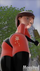 3d 3d_(artwork) 3d_model angry angry_face ass behind_view blender clothing cum cum_on_body domination helen_parr mossited short_hair simple_background standing superheroine the_incredibles thick_ass thick_lips thick_thighs