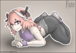 1boy androgynous ass ass_up astolfo_(fate) athletic athletic_male clothed clothing doggy_style fate/grand_order fate_(series) femboy femboy_focus femboy_only feminine_male gym_clothes looking_at_viewer male male_only pink_eyes pink_hair round_ass shoes simple_background sweating thick thick_ass thick_thighs thighs trap warbeastinc.