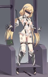 angela_balzac blindfold blonde_hair bondage breasts clothing collar expelled_from_paradise female highres kuro_(kuronell) long_hair nipples pussy sex_machine solo tied_hair torn_clothes twintails uncensored very_long_hair