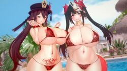 2girls areolae big_breasts bikini blush breasts busty crossover female genshin_impact honkai:_star_rail hu_tao_(genshin_impact) huge_breasts koikatsu large_breasts looking_at_viewer multiple_girls navel pubic_tattoo sparkle_(honkai:_star_rail) swimming_pool swimsuit taf4mad tattoo voluptuous