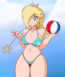 1girls ball bangs beach bikini blonde_hair blue_bikini blue_eyes breasts clothed_female_nude_male cloud crown cute day earrings eyebrows_visible_through_hair female female_only gem hair_over_one_eye holding holding_ball holding_wand human jewelry large_breasts long_hair looking_at_viewer maishida mario_(series) mini_crown navel nintendo princess_rosalina sky smile solo super_mario_galaxy swept_bangs swimsuit wand