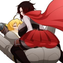 2girls big_breasts black_hair black_hair_female blonde_female blonde_hair breasts cape cleavage clothed_female female_on_top long_hair long_hair_female looking_back manyakis robotic_arm ruby_rose rwby silver_eyes spread_legs yang_xiao_long