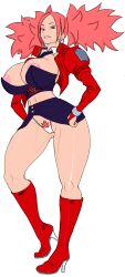 anythinggoes brown_eyes cosplay edit female female_only heel_boots huge_breasts iroaya_madoi jacket kubira mega_man mega_man_battle_network miniskirt ms._madd partially_visible_nipples pink_hair pubic_hair skimpy skirt thong transparent_background voltage_fighter_gowcaizer wide_hips