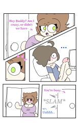 big_breasts big_penis brown_hair buddy_(itispermo) caught comic computer door english_text interrupted itisspermo lily_(itisspermo) masturbation one_eye_obstructed original precum