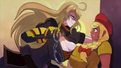 2girls blonde_female blonde_hair cleavage crossover daitomodachi daki_(daitomodachi) dark-skinned_female hand_cuffs kakyoin_waifu_connoisseur purple_eyes red_eyes robotic_arm rwby scared_expression tagme_(artist) yang_xiao_long