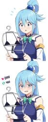 1girls 2d 2koma aqua_(konosuba) bikini bikini_removed blue_bikini blue_eyes blue_hair embarrassed female_only girls_reacting_to_bikini_(meme) holding_clothes_hanger konosuba looking_at_object looking_at_viewer meme twitter_strip_game_(meme) unsfrau