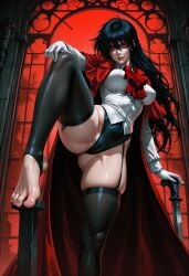 ai_generated alucard_(hellsing) black_hair cameltoe cape foot_fetish foot_focus foot_worship gender_transformation genderswap_(mtf) hellsing long_hair one_leg_up red_eyes rule_63 self_upload shirt skindentation stable_diffusion toes