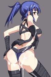 bare_shoulders blue_hair breasts brown_eyes caryo character_request copyright_request cum cum_on_ass female fingerless_gloves gloves grey_background hair_ribbon looking_back nanashino ponytail ribbon sideboob solo thighhighs tied_hair tress_ribbon