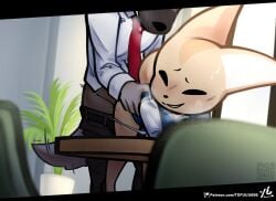 aggressive_retsuko aggretsuko anthro anthro_on_anthro anthro_penetrated anthro_penetrating anthro_penetrating_anthro belt bent_over_table big_ears black_eyes bodily_fluids bottomwear bottomwear_down businesswear canid canine clothed clothed_sex clothing dress_shirt duo female female_penetrated fennec_fox fenneko fox from_behind_position fur haida haida_(aggretsuko) hi_res hyena male male/female male_penetrating male_penetrating_female mammal necktie pants pants_down partially_clothed penetration sanrio sex shirt smile spotted_hyena sweat sweatdrop tan_body tan_fur tofuuu topwear true_fox unprofessional_behavior