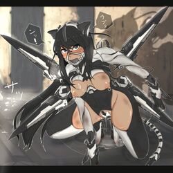 animal_ears ball_gag black_eyes black_hair blush bondage bondage breasts collar female gag gagged gatling_raid highres long_hair looking_at_viewer mecha_musume nipple_piercing nipple_rings nipples original piercing pussy_juice solo tail vibrator