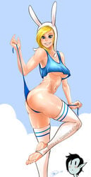 adventure_time ass bikini_bottom blonde_hair blue_eyes blush cleavage feet female fionna_the_human_girl hood izra long_hair looking_at_viewer marshall_lee navel no_bra smile soles solo solo_focus standing tank_top tanline thighhighs toeless_legwear toes underboob undressing