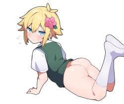 1boy aged_up ai_generated ass ass_focus basil_(omori) big_ass blonde_hair blue_eyes blush bottomless bottomless_male femboy flower_in_hair green_sweater_vest imminent_anal imminent_penetration imminent_sex large_ass looking_at_viewer looking_back novelai omori short_hair short_sleeves socks solo solo_focus solo_male teenage teenage_boy teenager white_socks