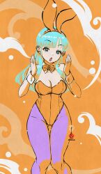 animal_ears aqua_eyes aqua_hair bow bowtie breasts bulma_briefs cleavage detached_collar dragon_ball dragon_ball_(classic) fake_animal_ears gluteal_fold highres kanchiyo leotard limited_palette long_hair medium_breasts open_mouth orange_background orange_bow orange_bowtie orange_leotard pantyhose playboy_bunny purple_pantyhose thigh_gap wrist_cuffs