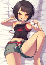 1girls belly belly_button booty_shorts breasts breasts_out breasts_out_of_clothes dark-skinned_female dark_hair dark_skin exposed_breasts exposing_self fangs female female_only half-dressed hips hips_wider_than_shoulders imminent_sex large_breasts nintendo nipples no_bra on_back on_bed one_leg_up pokemon pokemon_oras red_eyes removing_clothing removing_shirt self_exposure shirt shirt_down shirt_pull short_hair short_shorts shorts singlet smile smiling smiling_at_viewer ssrg_srrg string_pull thick_ass thick_thighs thighs top_down undressing unzipped_shorts zinnia_(pokemon)