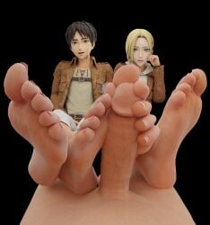 1girls 2boys 3d annie_leonhardt attack_on_titan eren_jaeger foot_fetish footjob male_foot_fetish mrgtsfloop pov pov_eye_contact pov_male self_upload shingeki_no_kyojin smiling_at_viewer soles