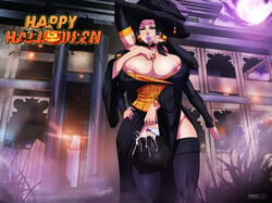 1girls 6_arms areola beauty_mark black_hair breasts bucket busty cauldron cleavage cum cum_in_container dress earrings eyeliner eyeshadow female halloween hat kimono lady_onikumo large_breasts lipstick lollipop long_hair makeup mugenillustrations multi_arm multi_limb nipple_slip nipples panties sleeves solo standing thighhighs voluptuous witch witch_hat