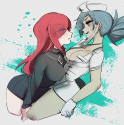 2girls blue_hair blush breasts cleavage cross cross_necklace eyes_visible_through_hair gloves hat highres jewelry large_breasts latex latex_gloves mask_pull multiple_girls necklace nurse_cap parasoul red_eyes red_hair sabi scar skirt skullgirls smile sweatdrop valentine_(skullgirls) yellow_eyes yuri