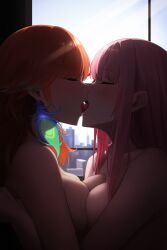 2girls ai_generated background big_breasts blush breast_press breasts closed_eyes eyebrows_visible_through_hair french_kiss ginger_hair hololive hololive_english hololive_myth kissing large_breasts mori_calliope naked nude nude_female pink_hair red_hair takamori_(hololive) takanashi_kiara tongue tongue_kiss virtual_youtuber vtuber yuri