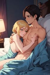 1boy 1boy1girl ai_generated artist_request attack_on_titan barely_covered_crotch bed bedroom blonde_hair blue_blanket blue_eyes breasts chest_grab christa_lenz couple_(romantic) dark_brown_hair dimly_lit embracing erehisu eren_jaeger female green_eyes groping historia_reiss illustration lamp looking_away male_nipples naked naked_female naked_male pillow shingeki_no_kyojin sideboob wrapped_up