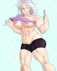 abs big_breasts dorohedoro gym_shorts katsuu_nsfw large_breasts muscular_female muscular_thighs noi_(dorohedoro) pulling_clothing red_eyes sweat sweatdrop sweating thick_thighs toned toned_female tubetop white_hair