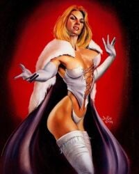 1girls blonde_female blonde_hair corset emma_frost female female_only hellfire_club julie_bell marvel marvel_comics painting_(artwork) panties realistic solo white_queen x-men