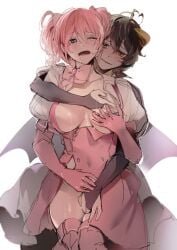 2girls ahoge bat_wings black_hair blue_eyes blush boots bow bowtie breasts drooling fingering fresa_pie gloves grabbing grabbing_another's_breast hanabishi_haruka heart heart_ahoge highres hiiragi_utena large_breasts low_wings magia_baiser magia_magenta magical_girl mahou_shoujo_ni_akogarete medium_hair multiple_girls open_mouth pink_hair simple_background smile star-shaped_pupils star_(symbol) sweat symbol-shaped_pupils thigh_boots thighs white_background wings yellow_eyes yuri