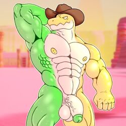 absurd_res anthro balls candy clothing cowboy cowboy_hat crocodile crocodilian crocodylid dessert food food_creature genitals gummigoo_(the_amazing_digital_circus) gummy_(food) gummy_creature hand_behind_head hat headgear headwear hi_res living_candy male male_only muscular muscular_male nude nude_male penis posstype raised_arm reptile saggy_balls scalie solo the_amazing_digital_circus vein veiny_penis