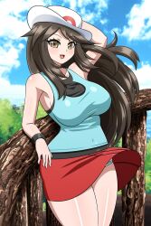 blue_panties blue_underwear brown_eyes brown_hair brown_hair_female exposed_panties exposed_underwear game_freak green_(pokemon) hat leaf_(pokemon) nintendo outdoor outdoors outside pokemon pokemon_rgby skirt_lift skirt_up smile smiling solo underwear white_hat yensh