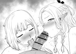 1boy 2girls absurdres blonde_hair blush braid censored closed_eyes collaborative_fellatio cooperative_fellatio cum curved_to_the_right_penis dungeon_meshi elf erection falin_touden fellatio ffm_threesome group_sex hair_around_ear highres kaiman_garupan large_penis licking licking_penis long_hair looking_at_viewer marcille_donato multiple_braids multiple_girls nude open_mouth oral penis pointy_ears pov short_hair simple_background straight teamwork threesome tongue tongue_out veins veiny_penis