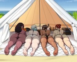 4girls ass beach bikini black_female black_skin brown_hair camping camping_tent coast curvy curvy_female curvy_figure dark_skin dark_skinned_female feet female female_only hips laying_down looking_at_viewer looking_back mature mature_female michelle_(mk001black) mk001black multiple_girls ocean original original_character red_hair reese_(mk001black) sandra_(mk001black) sea seaside swimsuit swimwear tent thick thick_female thick_thighs thong thong_bikini toe yuni_(mk001black)