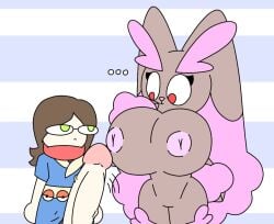 big_breasts big_penis brown_hair green_eyes imminent_rape itisspermo looking_down lopunny pokemon pokemon_(species) shiny_lopunny