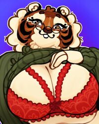 big_breasts boob bra breasts breasts_out chubby chubby_female curvaceous curvy cute fur furry furry_female highland_kall lace_bra naomi_the_tiger sweat sweater_lift tagme tail thick tiger_ears tiger_girl tiger_print voluptuous voluptuous_female