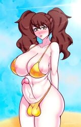 1futa 2024 2d 2d_(artwork) :o areola_slip areolae ass asymmetrical_bangs balls balls_bulge balls_in_panties bare_shoulders beach beach_background belly_button big_balls big_breasts big_penis big_testicles bikini bikini_bottom bikini_top breasts breasts_bigger_than_head brown_eyes brown_hair bulge bulge_through_clothing clothed clothed_futanari clothing collarbone confused confused_look confusion covered_breasts dickgirl dickgirl_focus dickgirl_only digital_drawing_(artwork) digital_media_(artwork) erect_penis erection flower_pattern futa_only futanari hi_res high_resolution highres huge_breasts huge_cock huge_penis human karfound kujikawa_rise large_breasts large_penis light-skinned_futanari light_skin long_hair looking_at_own_breasts looking_down megami_tensei midriff mostly_nude motion_lines navel orange_bikini orange_swimsuit outdoors penis penis_out persona persona_4 question_mark sideboob skindentation solo solo_dickgirl solo_futa standing swimsuit swimwear testicles twintails vein watermark wide_hips