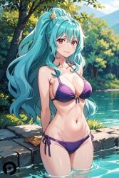 ai_generated aqua_hair arms_behind_back bare_shoulders bikini blush breasts cleavage closed_mouth collarbone cowboy_shot day female halterneck large_breasts long_hair looking_at_viewer navel outdoors pikkiwynn ponytail purple_bikini red_eyes side-tie_bikini_bottom smile solo standing stomach string_bikini swimsuit tomoe_(tsuki_ga_michibiku_isekai_douchuu) tree tsuki_ga_michibiku_isekai_douchuu wading water