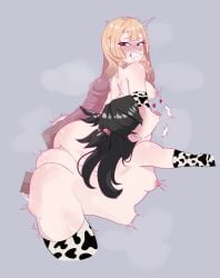 2girls backshots belly_bulge byme cow_print cowprint_thighhighs dick_on_ass fair-skinned_female from_behind from_behind_position goth_girl lillie_(pokemon) marnie_(pokemon) multiple_girls open_mouth pale-skinned_female pink_nipples pokemon pokemon_sm tongue_out