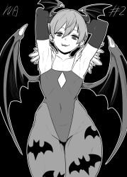 1girls armpits arms_behind_head artist_name bat_wings breasts capcom child_bearing_hips confident covered_navel darkstalkers highres leotard licking_lips lilith_aensland lipstick looking_at_viewer makeup monochrome naughty_face pantyhose pose posing seductive_gaze seductive_smile sensual sexy_armpits sexy_pose short_hair small_breasts smile solo toned tongue tongue_out wide_hips wings