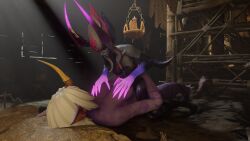 1futa 1girl 3d ashelnaky celestial_(league_of_legends) demon demon_girl evelynn futa_on_female futadom futanari hands_on_breasts hooves horn horns league_of_legends long_ears lying_on_bed purple_skin riding riding_penis soraka straddling white_hair