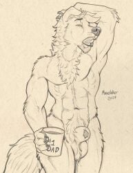 abs animal_genitalia anthro balls beverage bodily_fluids canid canine canis coffee domestic_dog fangs genital_fluids genitals hi_res male mammal monochrome mug muscular muscular_male open_mouth precum richard_foley sepia sheath stretching teeth tired yawn