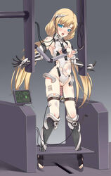 angela_balzac asymmetrical_breasts blonde_hair blue_eyes bondage breasts clothing collar expelled_from_paradise female highres kuro_(kuronell) lactation long_hair looking_at_viewer milking_machine nipples pussy sex_machine solo tied_hair torn_clothes twintails uncensored very_long_hair